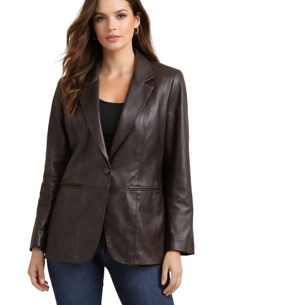 Denim & Co. Dark Brown Genuine Lamb Leather Blazer Jacket Single Button Size L